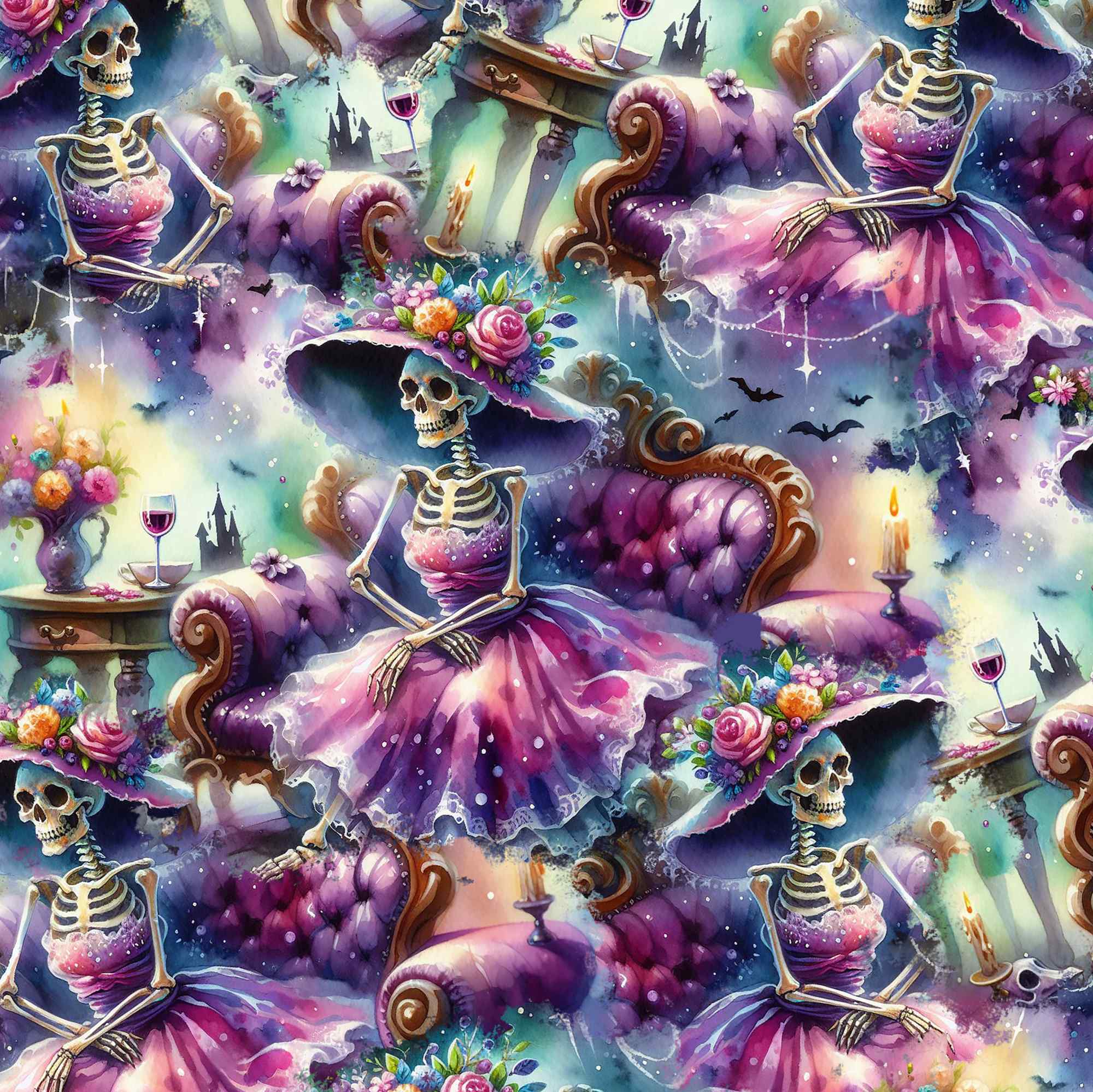 Surreal scene with skeletons in pink dresses on a colorful background cropped pattern