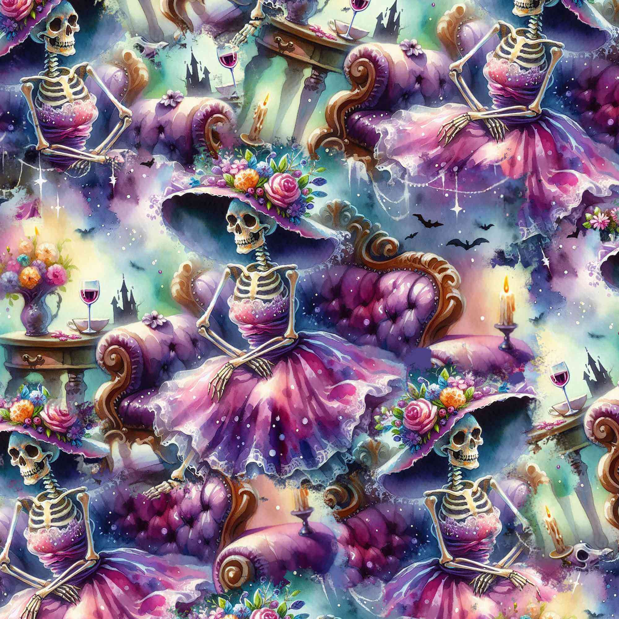 Surreal scene with skeletons in pink dresses on a colorful background cropped pattern