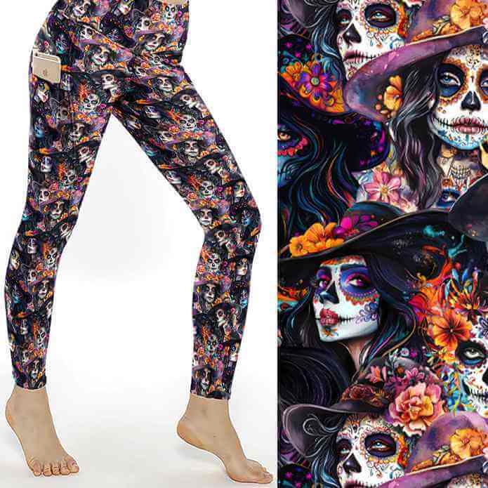Colourful Day of the Dead leggings featuring sugar skull women with floral crowns and hats on a black background