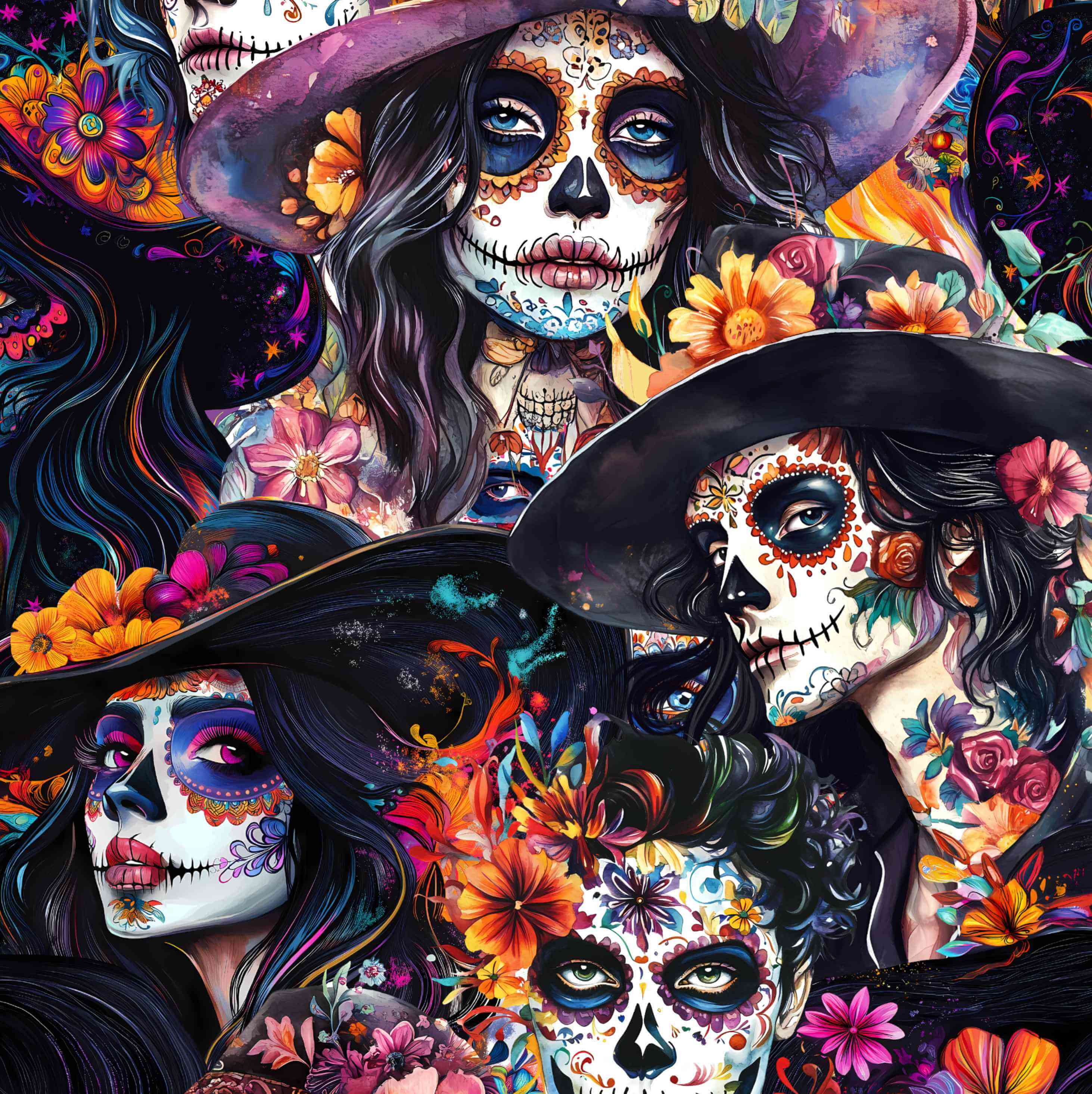 Artistic depiction of a woman with a colorful sugar skull design, surrounded by flowers and dark hats.