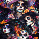 Artistic depiction of a woman with a colorful sugar skull design, surrounded by flowers and dark hats.