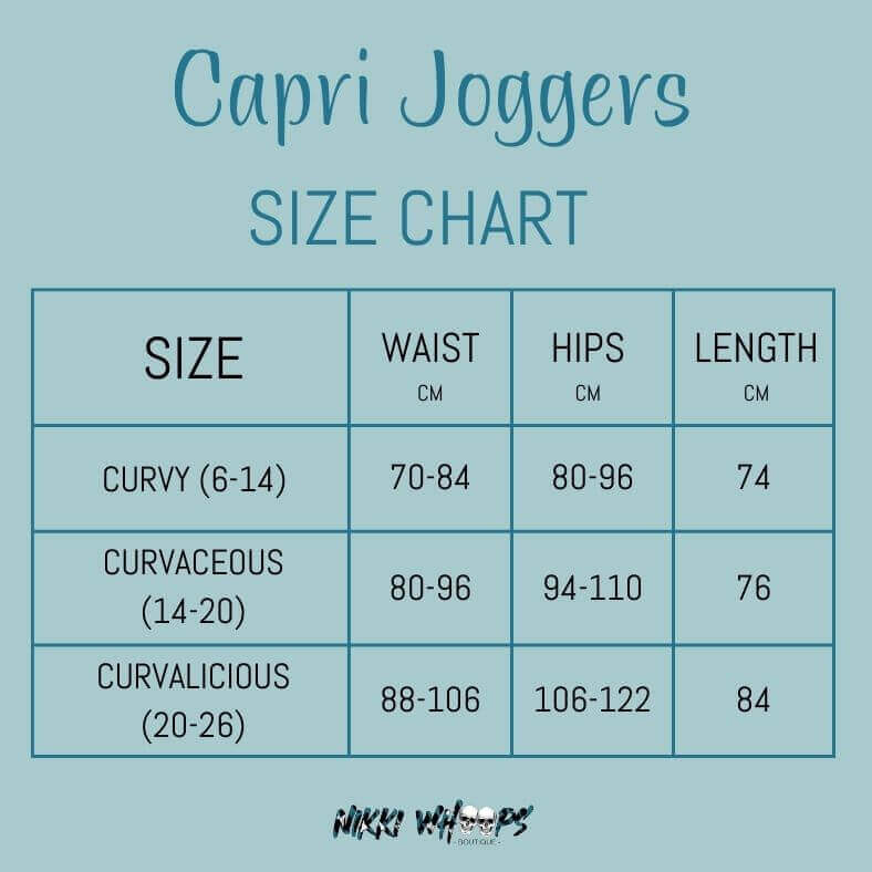 Capri joggers size chart by Nikki Whoops Boutique