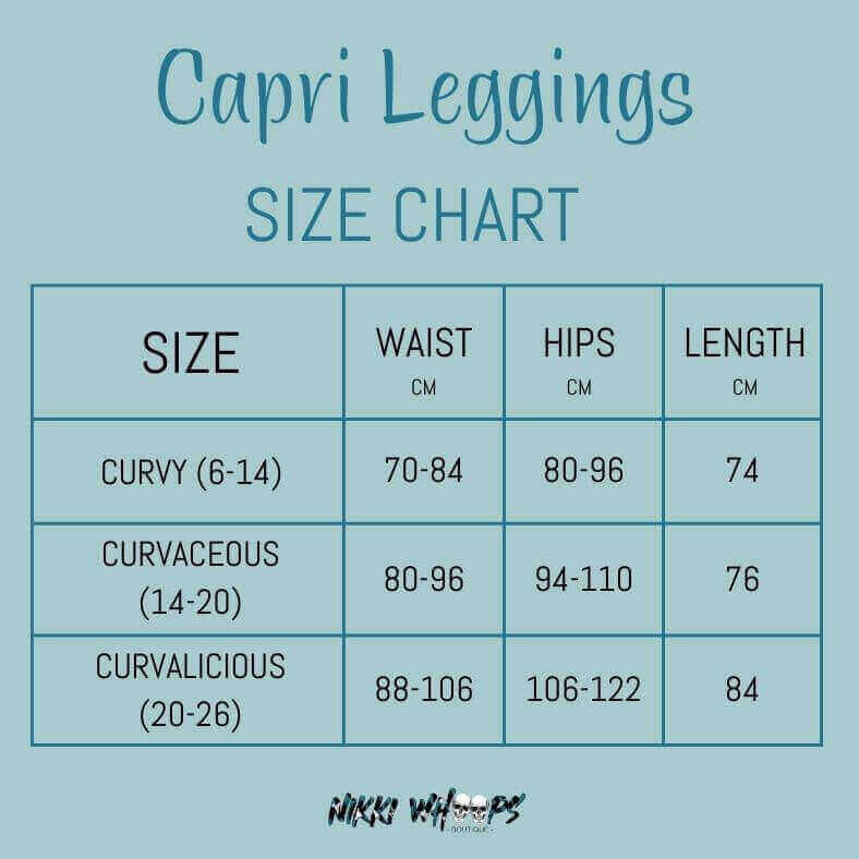 Size chart for capri leggings by Nikki Whoops Boutique