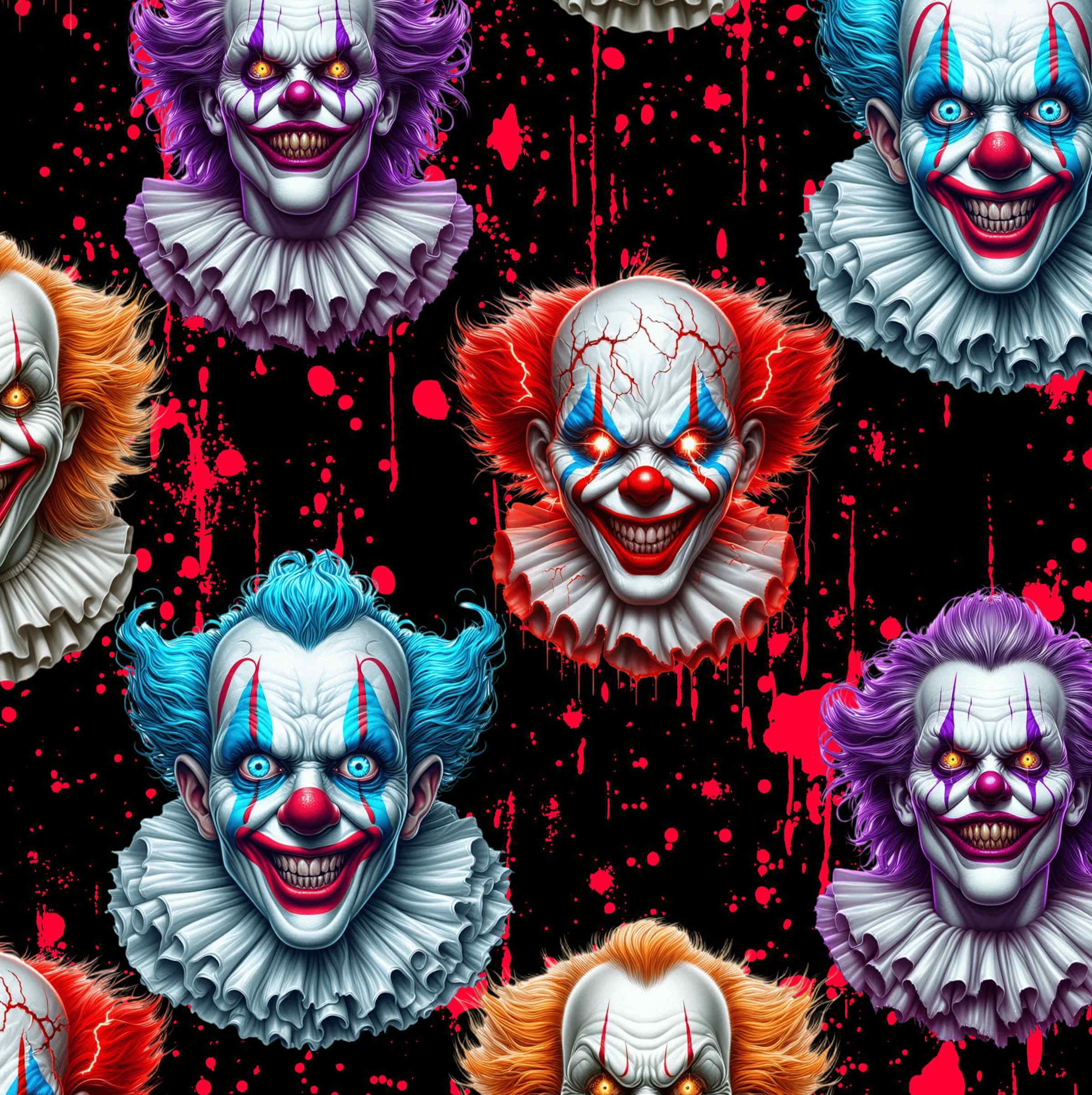 Pattern of colorful clown faces with red bloodstains on a black background