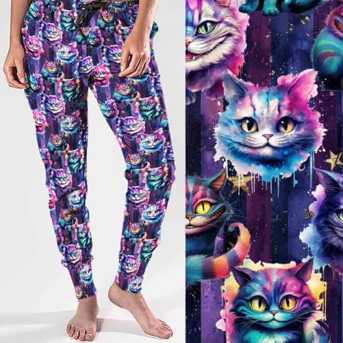 Colorful cat-themed leggings worn by a person, with a close-up of the design on the right.