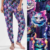 Colorful cat-themed leggings worn by a person, with a close-up of the design on the right.