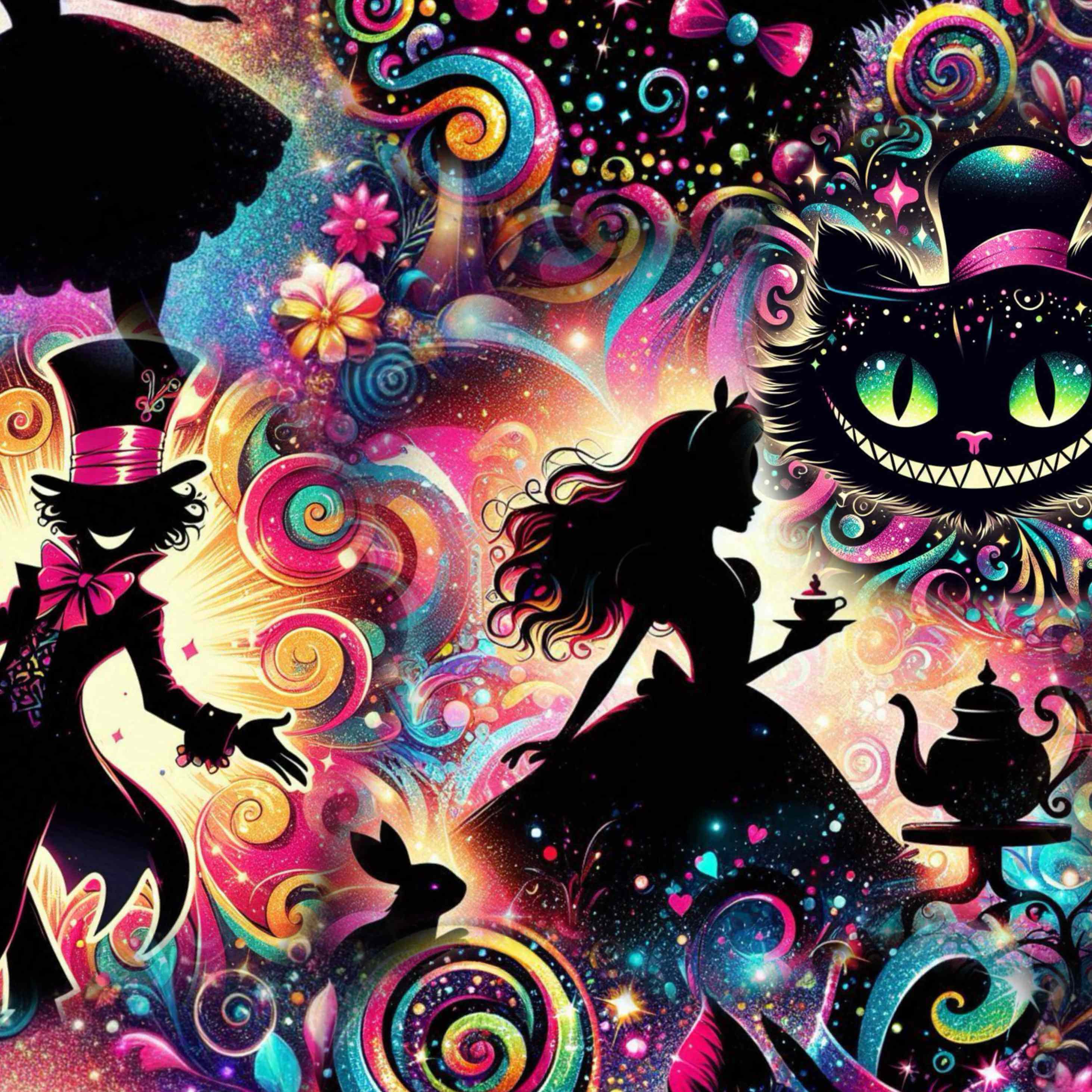 Colourful pattern in Curiouser and Curiouser print with vibrant Alice in Wonderland print featuring Cheshire Cat, Mad Hatter, Alice silhouettes, and colourful swirls by Nikki Whoops Boutique.