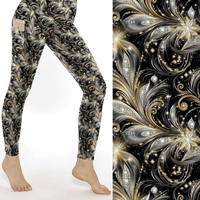 mockup of Dark Side of the Bling – Full Length Leggings with intricate black and gold pattern on a white background by Nikki Whoops Boutique.
