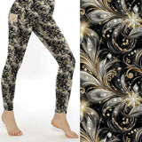 mockup of Dark Side of the Bling – Full Length Leggings with intricate black and gold pattern on a white background by Nikki Whoops Boutique.