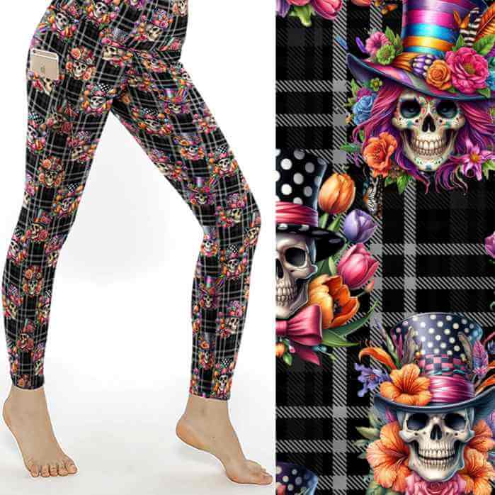 mockup of Dead Fancy Like Vintage-style skull leggings featuring fancy skeletons and brocade floral elements on a black and white plaid background by Nikki Whoops Boutique.