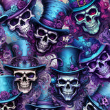 vibrant pattern with skulls wearing purple and turquoise top hats against a silver background.