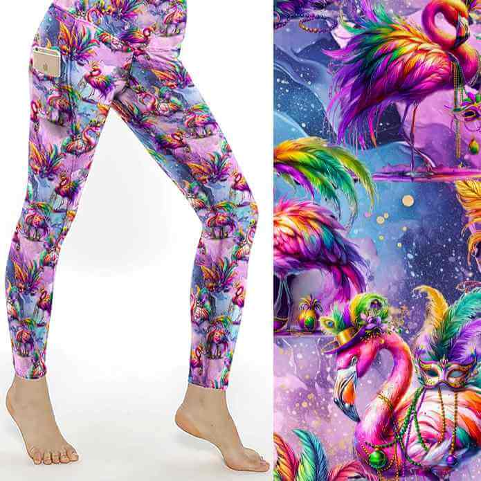 Colourful flamingos with feathers, masks, and beads on a vibrant watercolour background. Festive theme