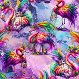 Colorful flamingos with feathers, masks, and beads on a vibrant watercolor background. Festive theme