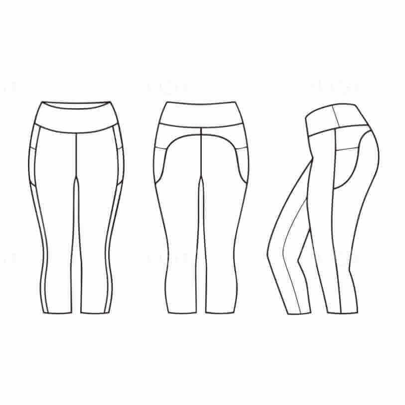 Line drawings three views of capri leggings on a white background