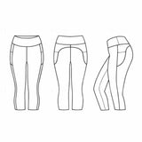 Line drawings three views of capri leggings on a white background