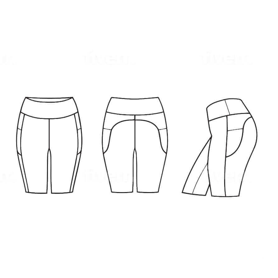 Technical drawing of a pair of shorts from three different angles on a white background by Nikki Whoops Boutique..