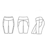 Technical drawing of a pair of shorts from three different angles on a white background by Nikki Whoops Boutique..