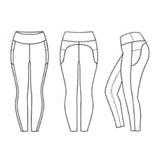 three view flat lay drawing of full length leggings with high waistband, and side pocket by Nikki Whoops Boutique.