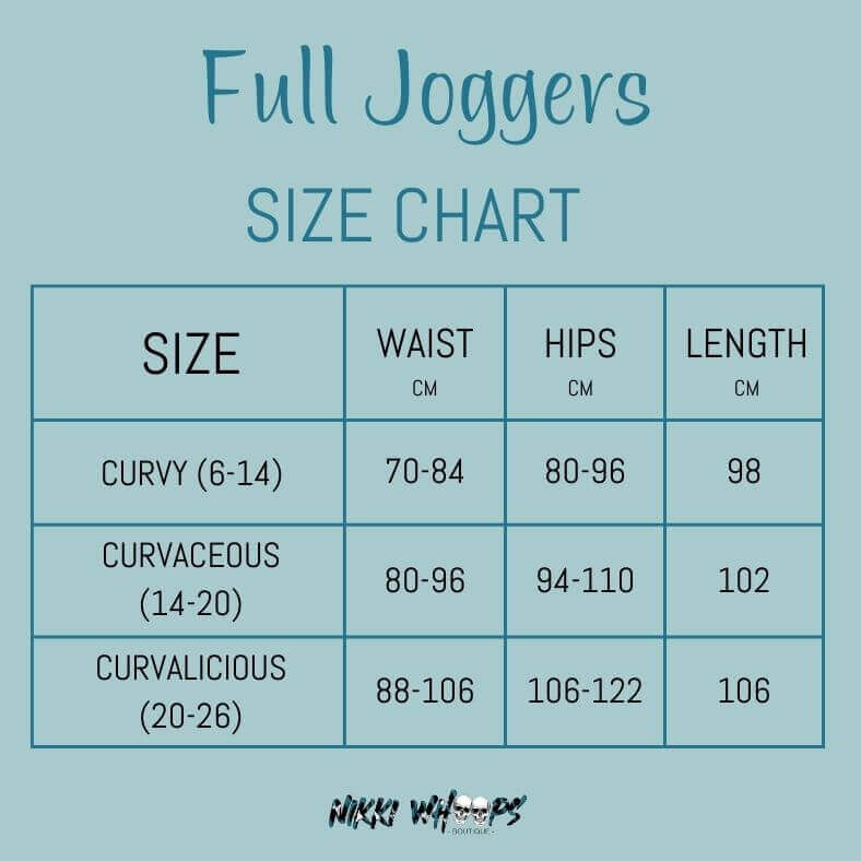 Size chart for full jogger by Nikki Whoops Boutique