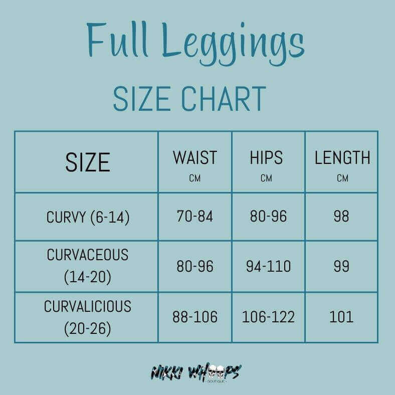 full length leggings size chart by Nikki Whoops Boutique