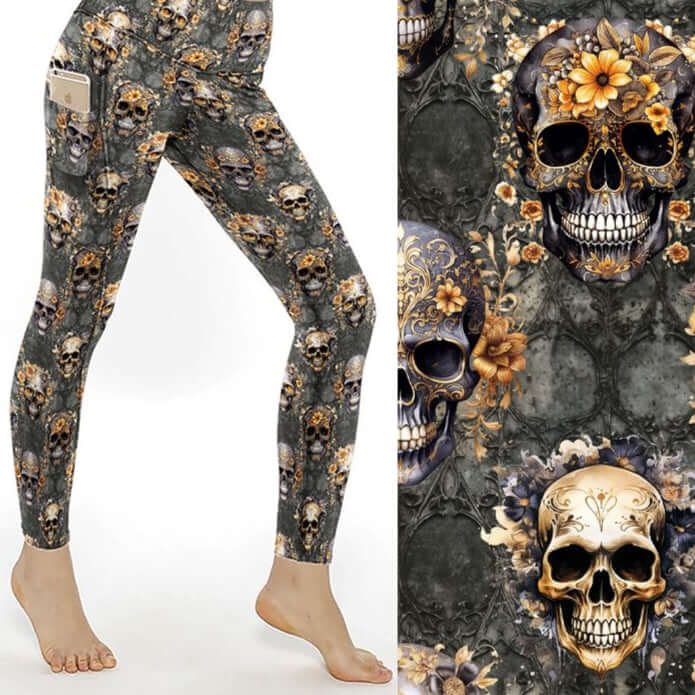 mock up of Gilded Grunge Skull Leggings featuring gold-detailed skulls with intricate filigree and floral embellishments on a grunge-inspired dark background.