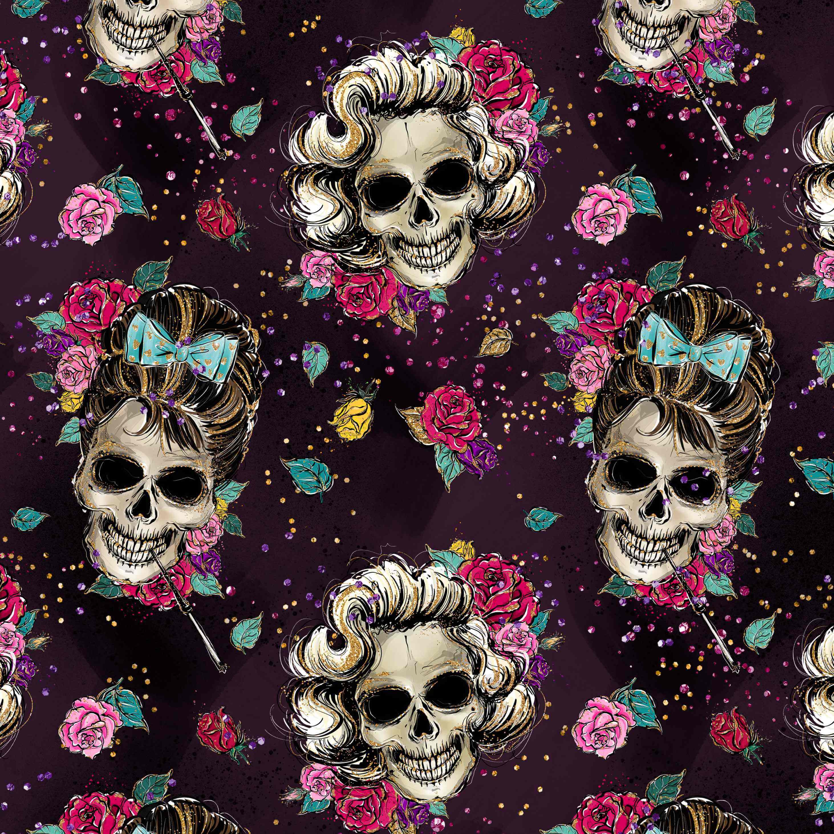 Pattern of Audrey Hepburn Marilyn Monroe skulls with vintage hairstyles, roses, and leaves on a dark background with colorful accents.