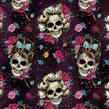 Pattern of Audrey Hepburn Marilyn Monroe skulls with vintage hairstyles, roses, and leaves on a dark background with colorful accents.
