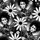 seamless pattern of Black and white leggings with Edward Scissorhands faces surrounded by white daisies on a monochrome floral background by Nikki Whoops Boutique.