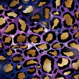 Leopard print pattern with gold, black, and purple colors on a textured background