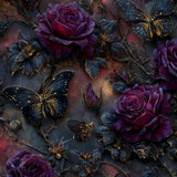 Close-up of the Midnight Monarchs dark plum rose and black butterfly print pattern.