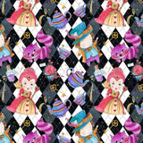 Patterned design with Alice in Wonderland characters and objects on a checkered background