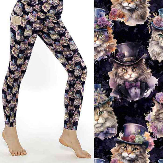 A pair of full-length leggings featuring a whimsical Victorian-inspired cat print, with a wide waistband and deep side pockets.