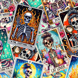 pattern of Tarot card skull leggings with stacks of books, handwritten notes and reading accessories on a grungy illustrated background.