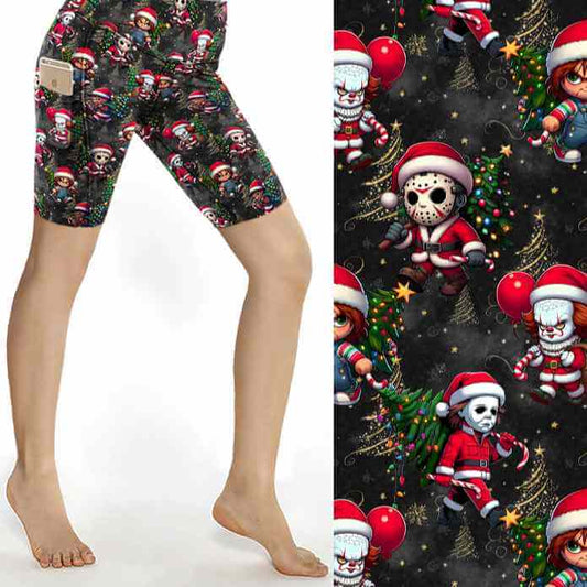 Shorts with a Christmas-themed design featuring skeletons in Santa outfits, next to a close-up of the pattern.