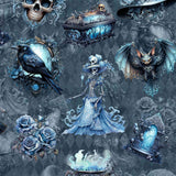 seamless pattern of Blue gothic leggings with skeleton brides, crows, potion bottles, bats and ornate Victorian elements on a patterned background.