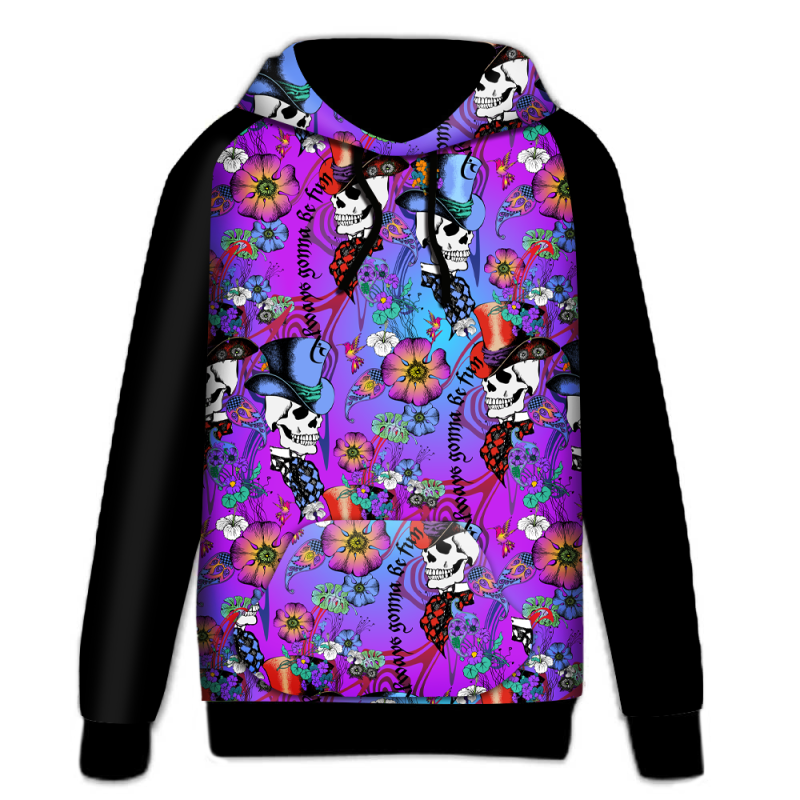 Purple, black and blue hoodie featuring a skull design