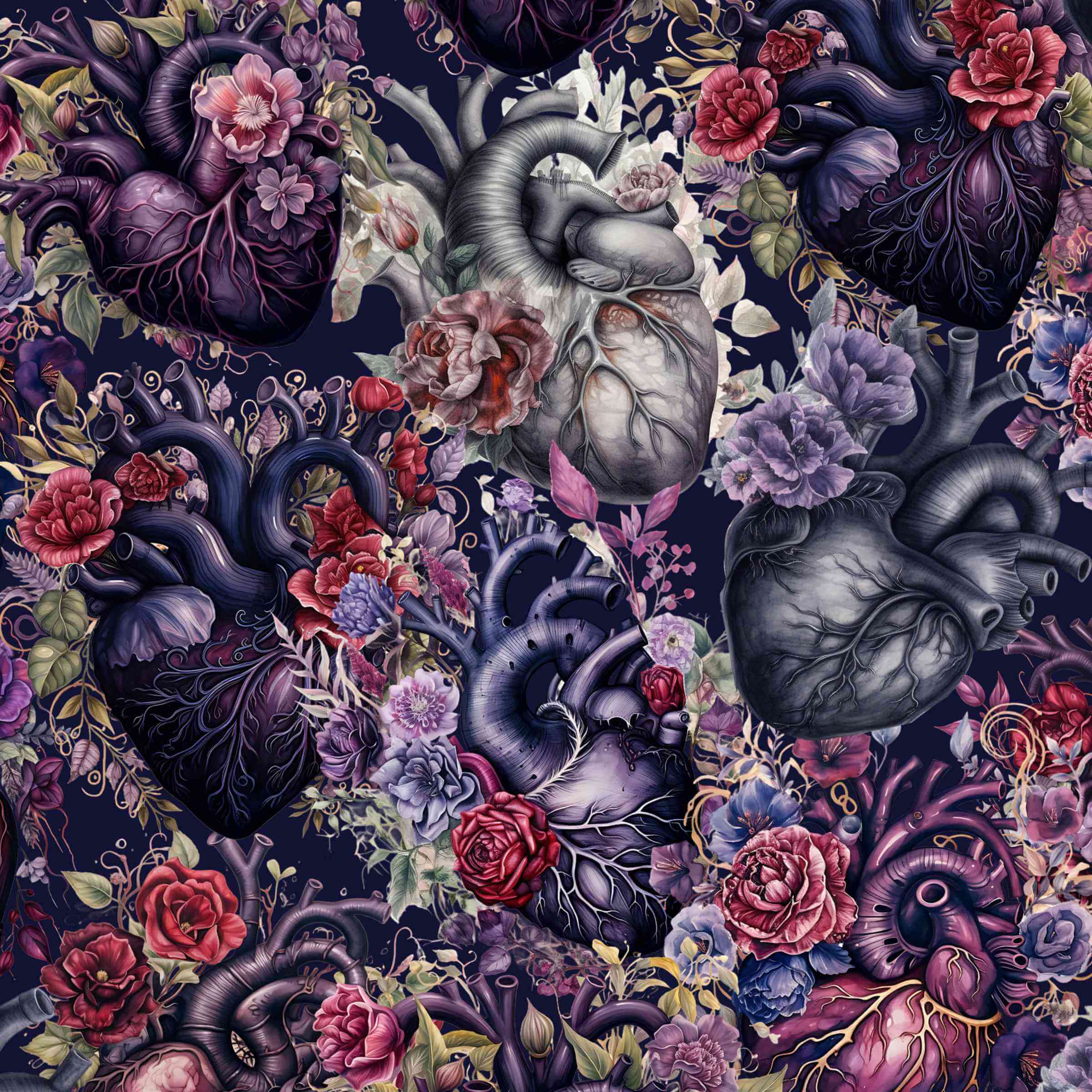 Pattern of anatomical hearts and colorful flowers on a dark background