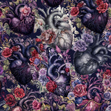 Pattern of anatomical hearts and colorful flowers on a dark background