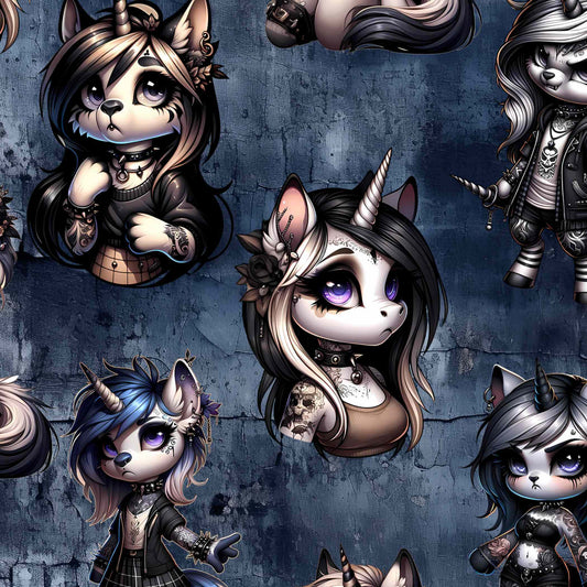 emo unicorns on navy grunge background seamless pattern