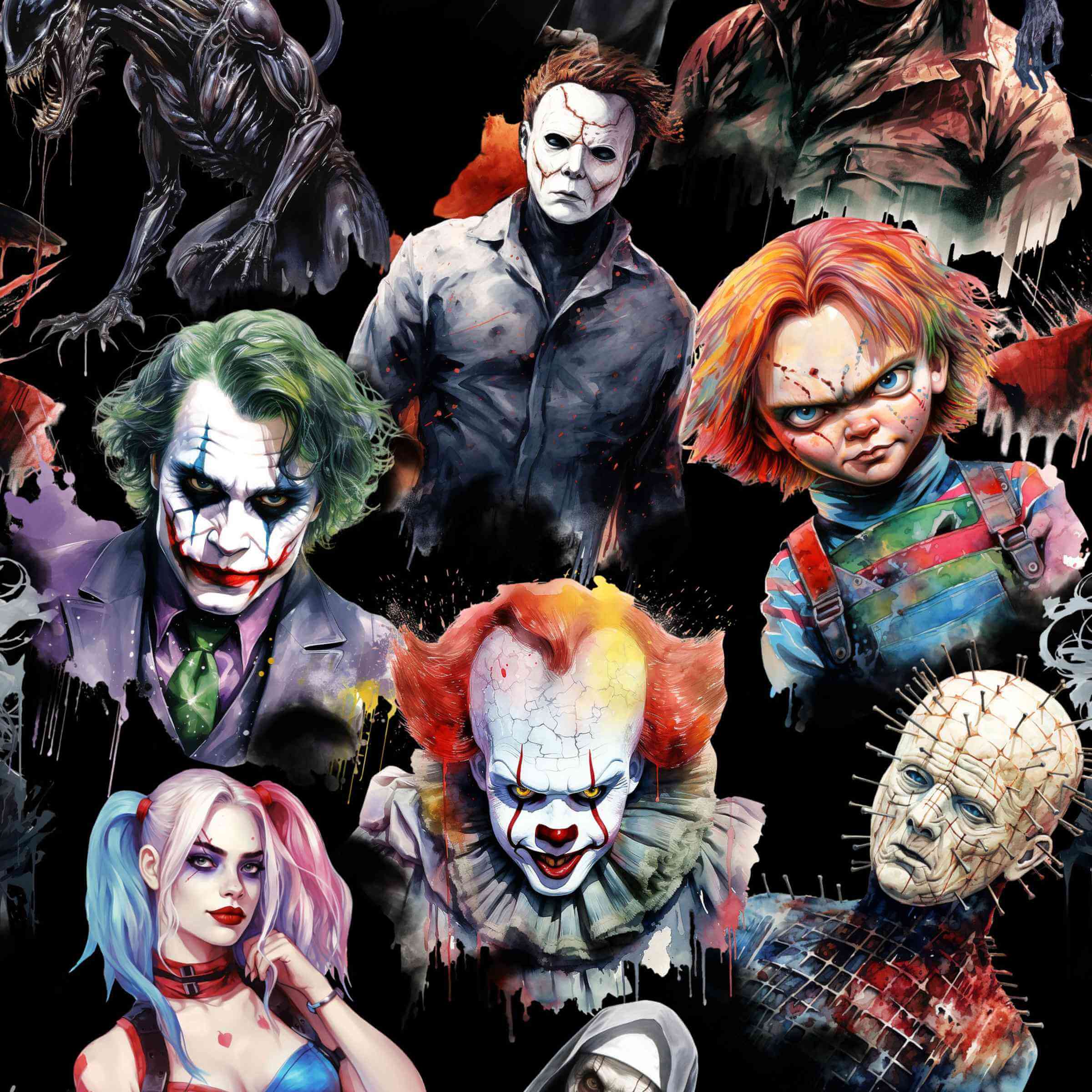 Villain or Anti-Hero pattern featuring horror movie icons including Chucky, Michael, Freddie, Jason, The Joker, Harley Quinn and Pinhead by Nikki Whoops Boutique.