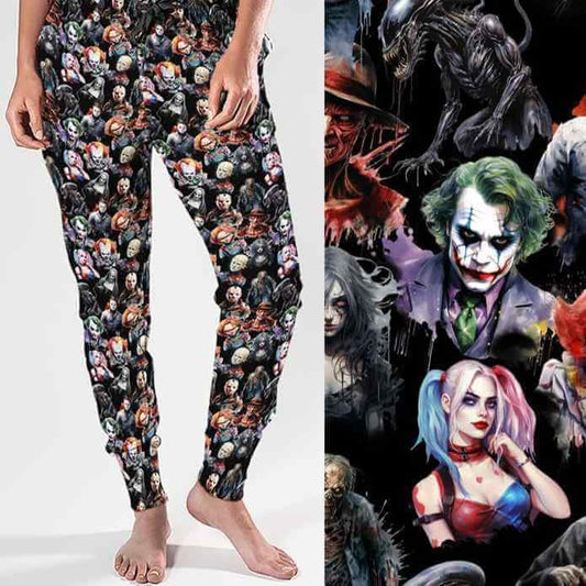 Mockup of Villain Or Anti-Hero? horror movie villain Jogger Pants by Nikki Whoops Boutique.