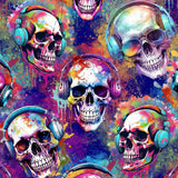 pattern of Wired for Sound neon-skulls-wearing-headphones-leggings by Nikki Whoops Boutique.