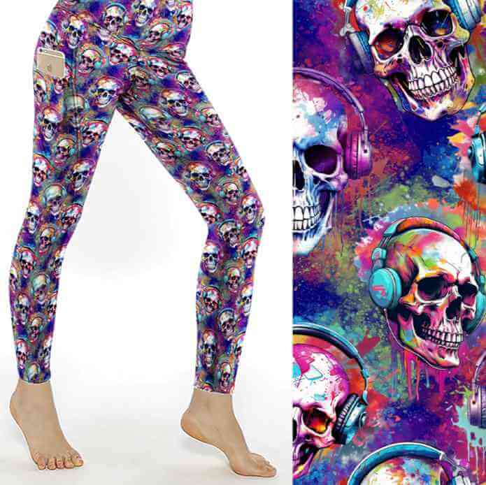 mockup of Wired for Sound neon-skulls-wearing-headphones-leggings by Nikki Whoops Boutique.