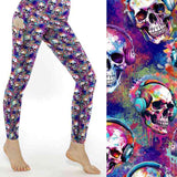 mockup of Wired for Sound neon-skulls-wearing-headphones-leggings by Nikki Whoops Boutique.