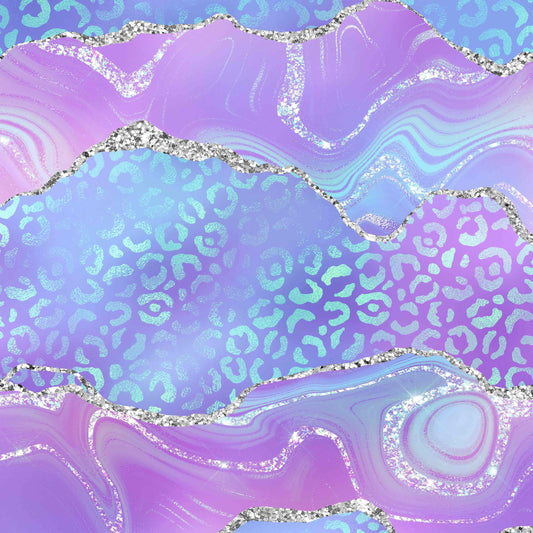 Abstract design with wavy pastel pink and blue sections, glittery silver accents, and leopard print patterns by Nikki Whoops Boutique.