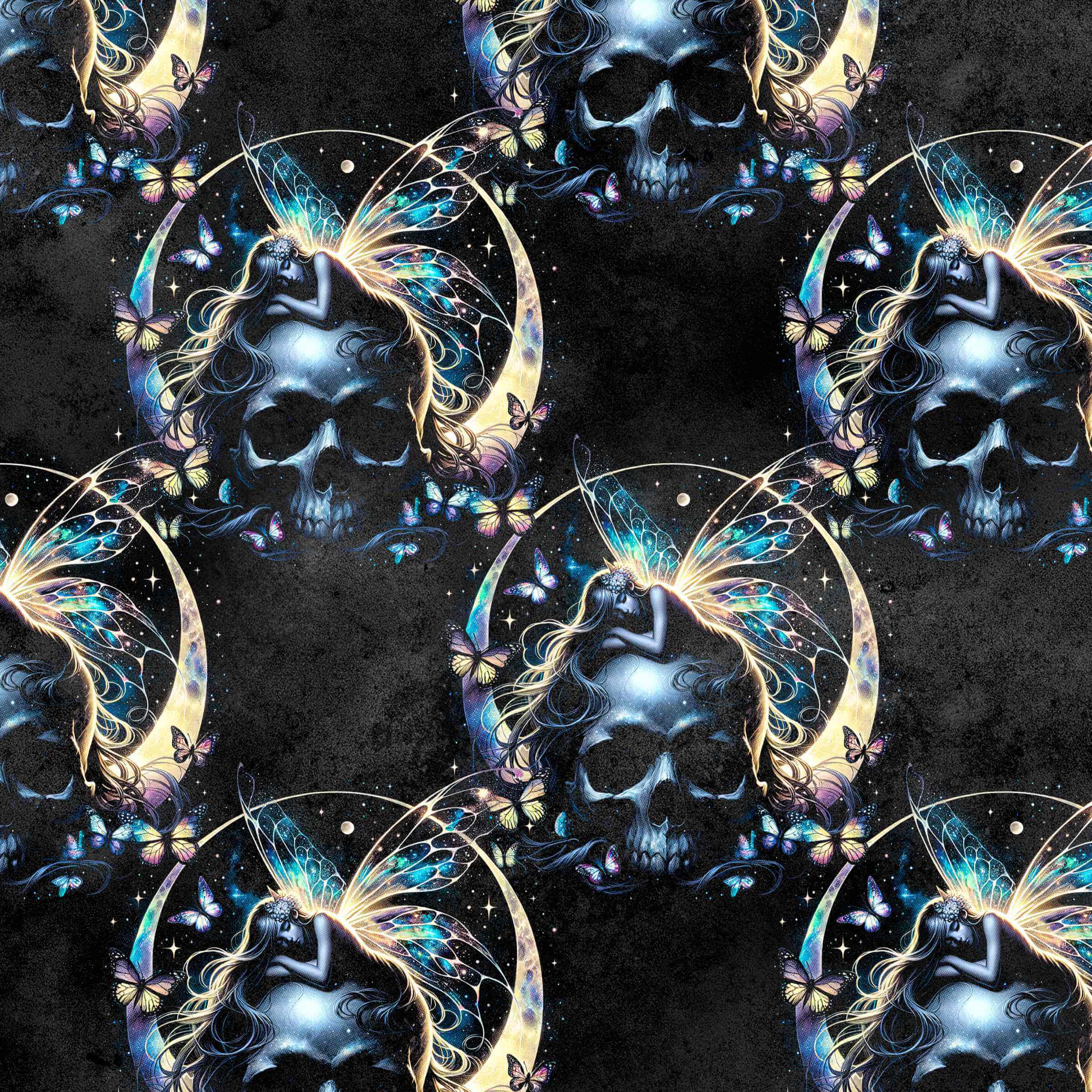 A pattern with distressed black background with a skull resting on a quarter moon shape with a delicate fairy with golden wings asleep on top of it. Surrounded by tiny gold and blue butterflies. Highlights of aqua and gold.