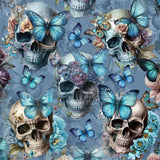 cropped pattern featuring an all-over print of realistic skulls, blue butterflies and pastel flowers. The design blends dark gothic elements with soft, feminine details.