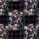 leggings featuring gothic fairy illustrations with skulls, roses, and iridescent wings on a dark patterned background cropped pattern