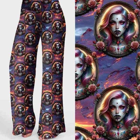 Gothic vampire print lounge pants with pockets featuring cameo style vampire women on a colourful twilight background.