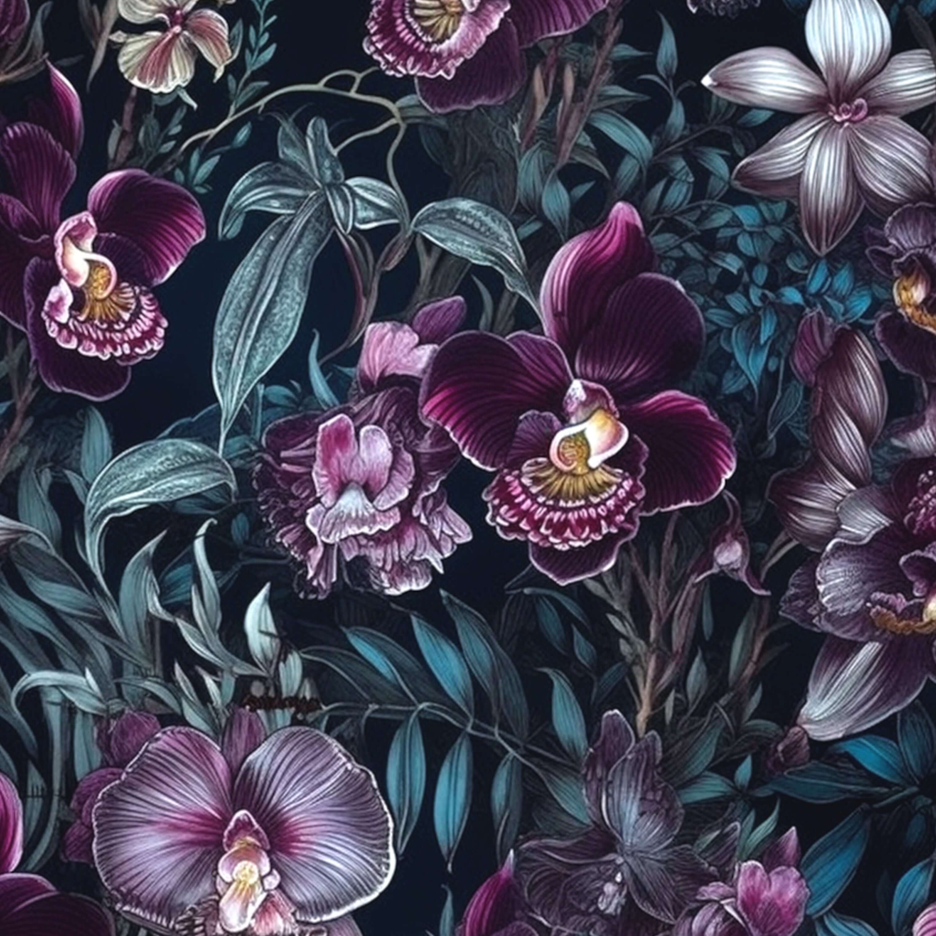 Black Orchid pattern of purple orchids and green leaves on a dark background Nikki Whoops Boutique